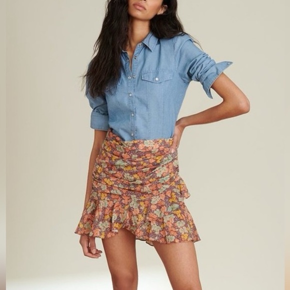 Veronica Beard Lindsay Ruched Floral Print Mini Skirt Ruffle Hem Cotton Sz 6 - Picture 2 of 12